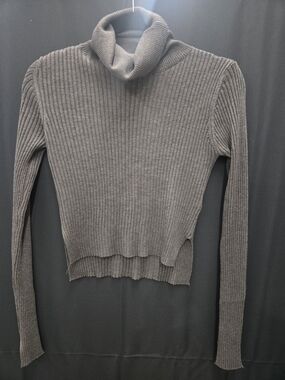 Gray / Brown, CROP Ribbed Cowl Turtleneck Sweater